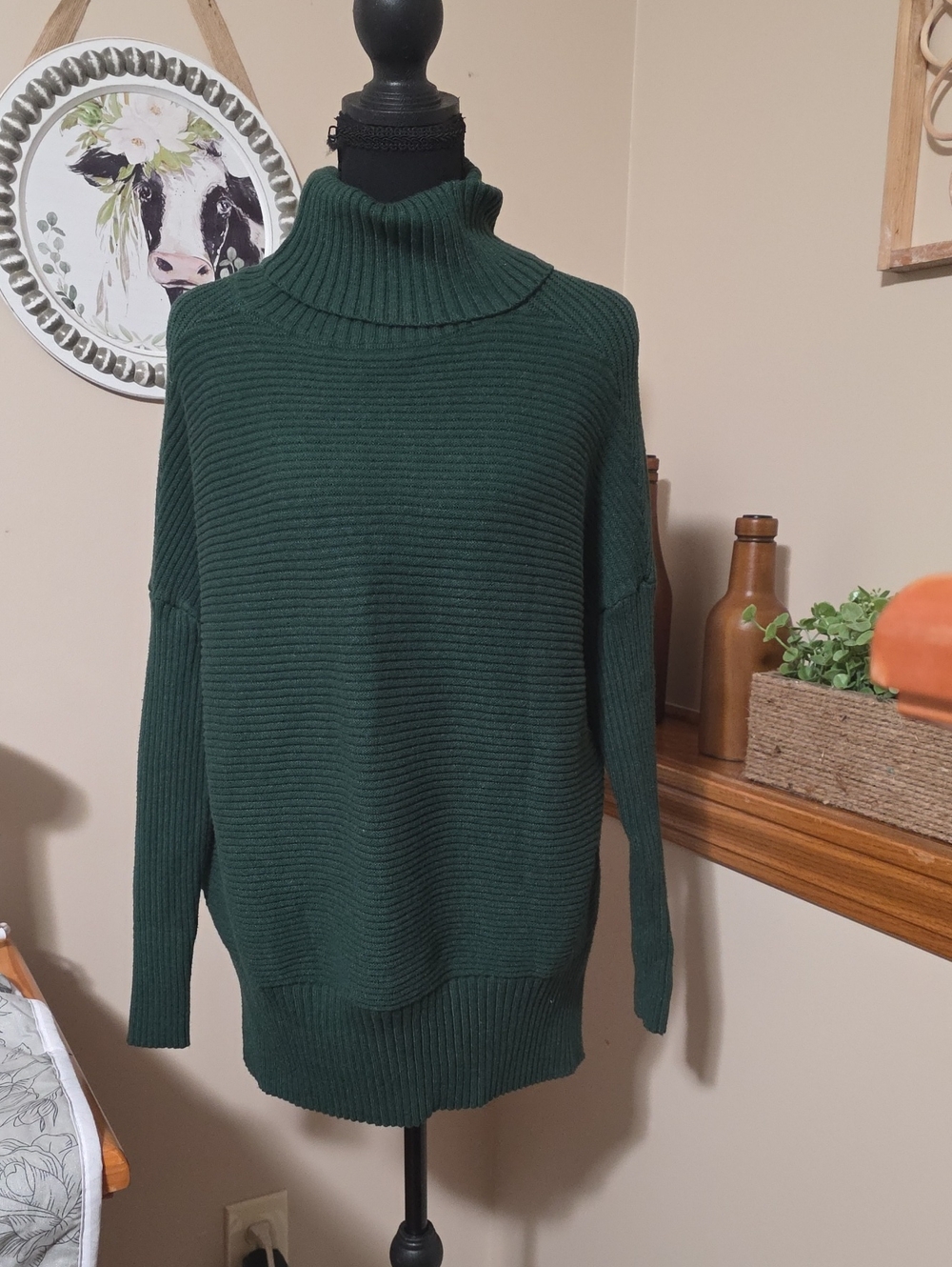 Cozy Forest Green Ribbed Turtleneck Sweater
